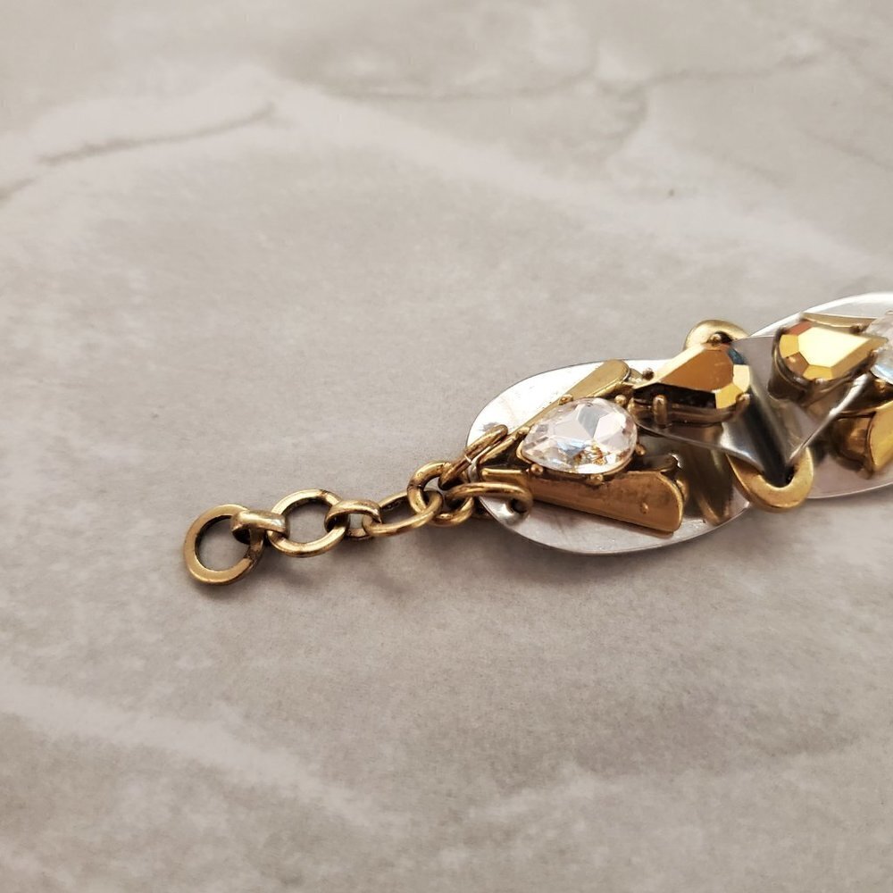 ✨ J.Crew Bracelet Silver Gold Rhinestones Crystals Antiqed Statement Chunky ✨ - Picture 2 of 11